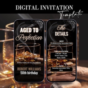 Digital Men&#39;s Surprise Birthday Party Invite, Whiskey Theme party Any Age Personalized for  Him Any Age 30th 40th 50th 60th Instant Download