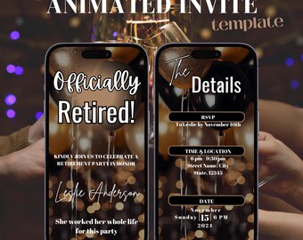 Digital Retirement Party Invitation, Retirement Dinner Elegant Black Gold Sparkle Glitter Editable Retirement Birthday Party Animated Invite