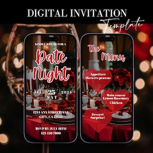 May include: Digital invitation template for a date night. The invitation features a red and white phone screen with the text "Date Night" and the date 25 July 2024. The second phone screen shows a menu with the text "The Menu" and a list of starters, main courses, and desserts.