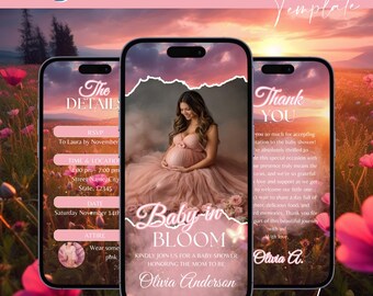Digital Baby in Bloom, Baby Shower Invitation, Spring Pink Flower Baby Itinerary, Boho Baby Brunch Invitation, Wildflower Floral Invite