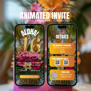 Modèle d'itinéraire numérique Invitation fête tropicale 16e, invitation de fête d'anniversaire thème hawaïen animé éditable, été Aloha Luau Evite