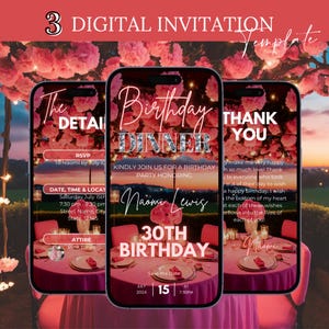 Digital Birthday Dinner invitation, Birthday Dinner, Digital Birthday Party Invite, Editable Template, Text, Pink Birthday Party, text evite
