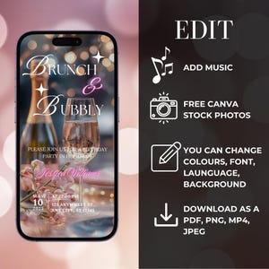 Puede incluir: Una invitaci&oacute;n digital para una fiesta de cumplea&ntilde;os de brunch y burbujas. La invitaci&oacute;n presenta un fondo rosa con una copa de champ&aacute;n y una botella, y el texto "Brunch & Bubbly" en rosa y blanco. La invitaci&oacute;n tambi&eacute;n incluye la fecha, la hora y la ubicaci&oacute;n de la fiesta.