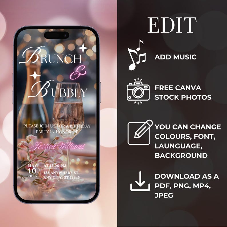 Puede incluir: Una invitaci&oacute;n digital para una fiesta de cumplea&ntilde;os de brunch y burbujas. La invitaci&oacute;n presenta un fondo rosa con una copa de champ&aacute;n y una botella, y el texto "Brunch & Bubbly" en rosa y blanco. La invitaci&oacute;n tambi&eacute;n incluye la fecha, la hora y la ubicaci&oacute;n de la fiesta.
