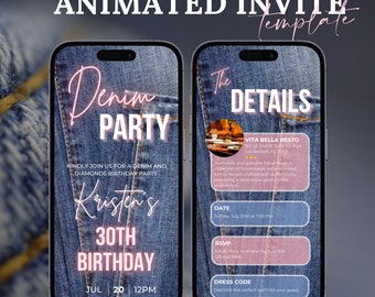 Plantilla de invitación de vídeo de fiesta de cumpleaños de mezclilla digital Diamantes de mezclilla Evite Denim Invite Editable Blue Jeans Cena Evite, jeans azules