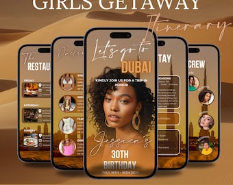 May include: Six digital itinerary templates for a girls' getaway to Dubai. The templates feature a desert background with a phone screen displaying the itinerary. The phone screen includes a photo of a woman, the text "Let's go to Dubai", and the text "Jessica's 30th Birthday".