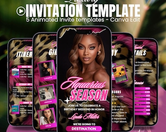 Digital Aquarius Birthday Itinerary Template Digital Travel Schedule Leopard Print Girls Trip Weekend Planner Cheetah Pink Edit Party Invite