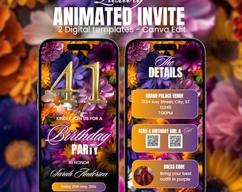 Digital Floral 41st Birthday Invitation Purple Yellow Flowers Editable 41st Glam Dinner Brunch Itinerary Template Video Birthday Invite DIY