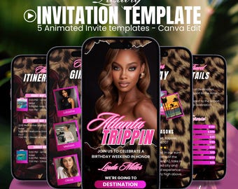 Digitale Atlanta-verjaardagsuitnodiging reis, geanimeerde vakantie route, Pink Leopard weekend schema Evite Travel Party planner DIY sjabloon