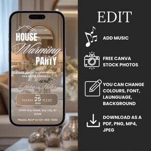 May include: A digital invitation for a housewarming party. The invitation features a photo of a living room with a couch and a coffee table. The text on the invitation reads "House Warming Party" and includes the date, time, and address of the party. The invitation also includes the text "Kindly join us to celebrate our new home hosted by Helen Miller".