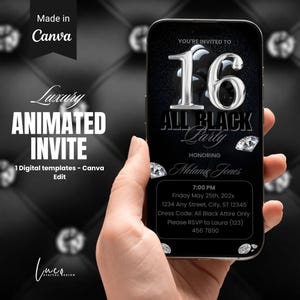 Digital 16th All Black Party Invitation, Birthday Dinner Invite, All Black Birthday Affair Itinerary, Black Party Template, DIY Canva Evite