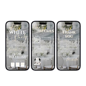 May include: A digital invitation for a 30th birthday party with a white theme. The invitation includes the party details, such as the location, time, and date, as well as a thank you message from the birthday celebrant.