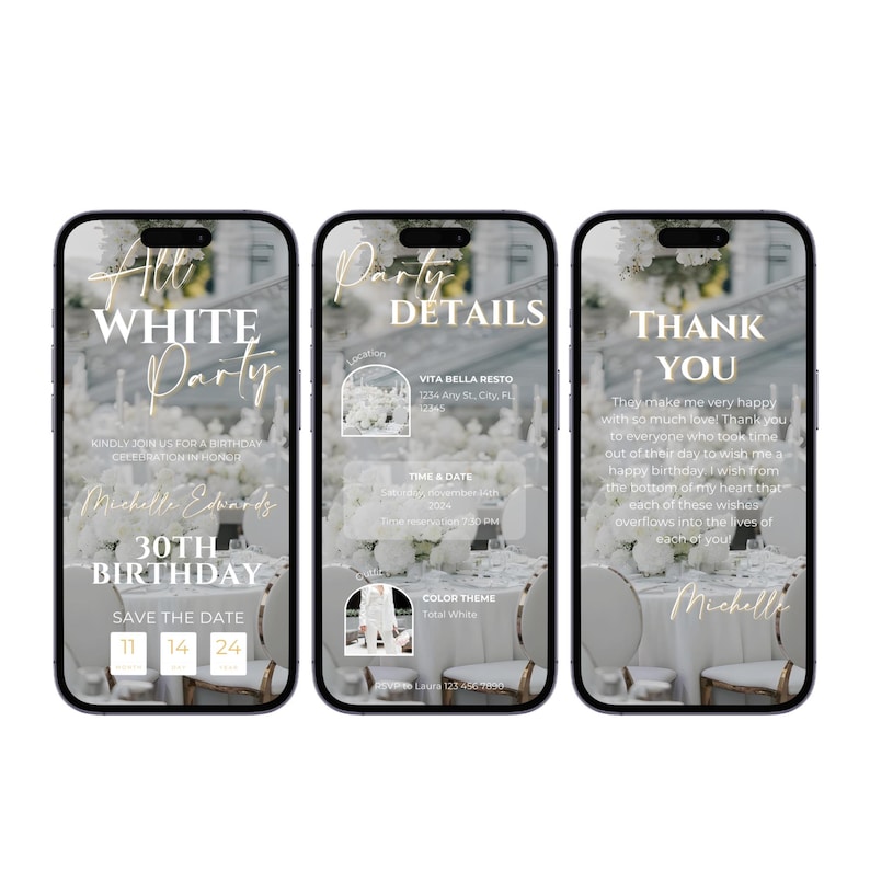 May include: A digital invitation for a 30th birthday party with a white theme. The invitation includes the party details, such as the location, time, and date, as well as a thank you message from the birthday celebrant.