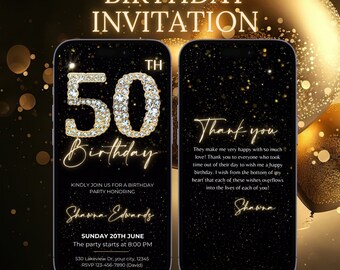 Invitación para fiesta de 50 cumpleaños, invitación digital animada Black Gold Diamond, plantilla editable para celebrar los cincuenta años, descarga instantánea.