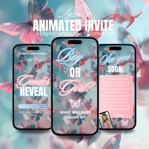 Invito video per rivelazione del sesso con farfalle digitali, modello di invito per rivelazione del sesso rosa o blu, invito animato per rivelazione del sesso con modifica automatica