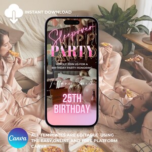 Puede incluir: Una invitaci&oacute;n digital rosa y dorada para una fiesta de pijamas. La invitaci&oacute;n presenta el texto "Sleepover Party" en letras de ne&oacute;n rosa con contornos dorados. El texto "Kindly join us for a birthday party honoring Tiffany Smith 25th Birthday" tambi&eacute;n est&aacute; incluido. La invitaci&oacute;n se muestra en la pantalla de un tel&eacute;fono inteligente.