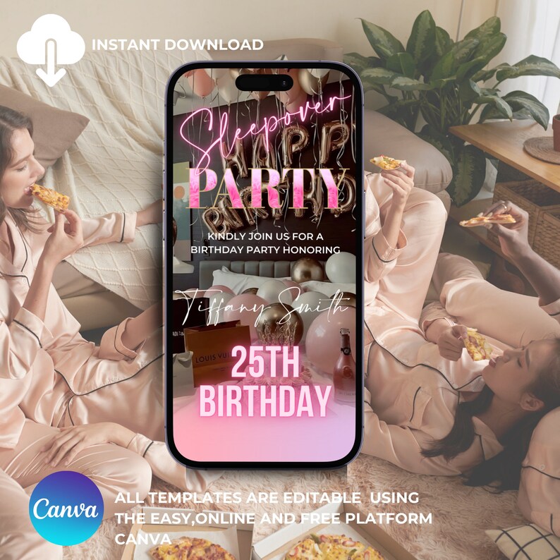 Puede incluir: Una invitaci&oacute;n digital rosa y dorada para una fiesta de pijamas. La invitaci&oacute;n presenta el texto "Sleepover Party" en letras de ne&oacute;n rosa con contornos dorados. El texto "Kindly join us for a birthday party honoring Tiffany Smith 25th Birthday" tambi&eacute;n est&aacute; incluido. La invitaci&oacute;n se muestra en la pantalla de un tel&eacute;fono inteligente.