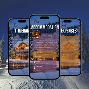 May include: Three smartphones displaying travel itinerary, accommodation details, and expense information. The screens feature text and images of a cabin, with a snowy mountain backdrop. The text includes details about a luxury cabin in Aspen, Colorado.