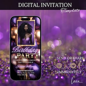 Digital Purple Balloons Birthday Party Invitation, Gold Glitter, Electronic Phone Text Message Evite, Editable Template, Instant Download
