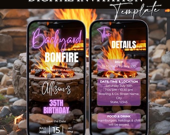 Digital Backyard Bonfire Invitation, Animated Birthday Invite, Celebration Backyard BBQ Evite For Women, Editable Template eCard