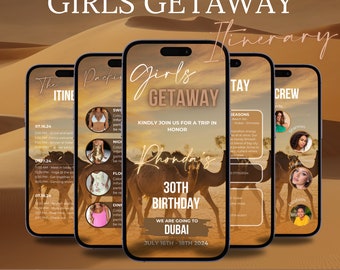 May include: Five digital itinerary templates for a girls' getaway to Dubai. The templates feature a camel, a desert background, and text that says "Girls Getaway" and "Rhonda's 30th Birthday".