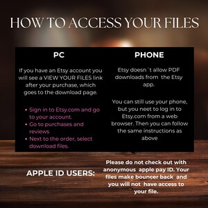 May include: A graphic with instructions on how to access digital files purchased on Etsy. The graphic is divided into two sections, one for PC users and one for phone users. The graphic also includes a note for Apple ID users.