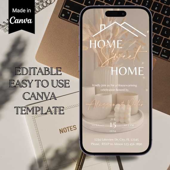 Digital Housewarming Party Invitation, Animated House Warming Invite For Women, Gold New Apartment Home Evite, Self Editable Template Ecard