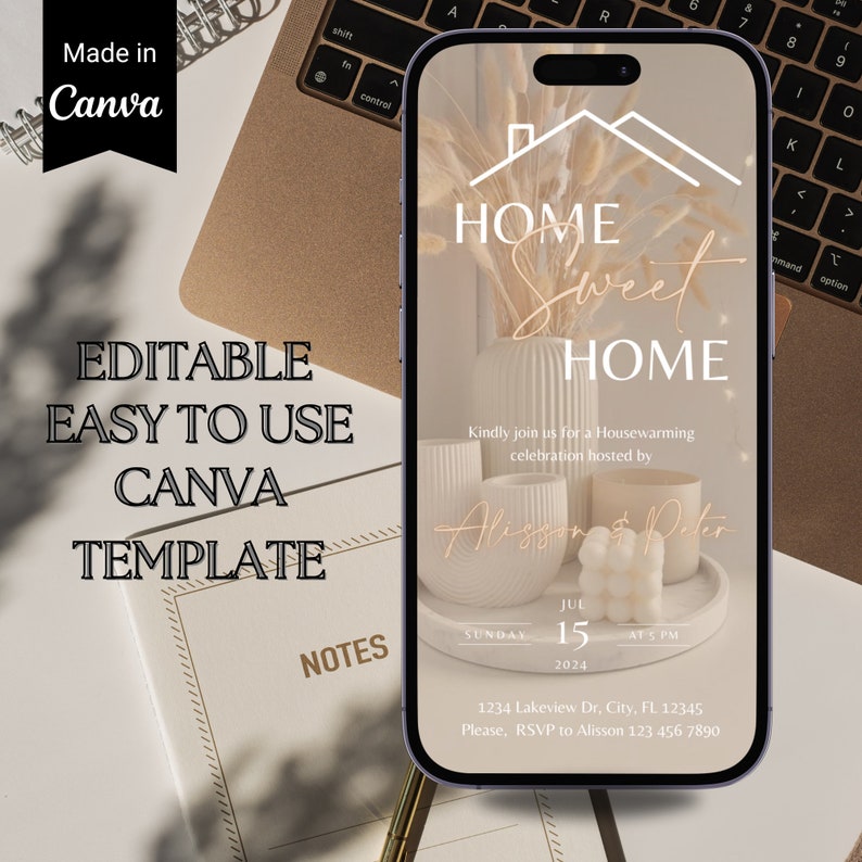 May include: A digital invitation for a housewarming party. The invitation features a beige background with a white house icon and the text "Home Sweet Home". The invitation also includes the date, time, and location of the party, as well as the names of the hosts, Allison and Peter.