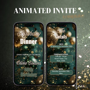 Green Gold Birthday Party Invitation, Animated Birthday Dinner Invitation, Elegant Digital Birthday Party Invite, Any Age Text Itinerary