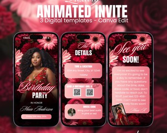 Può includere: Un invito digitale per una festa di compleanno con un design floreale rosa e rosso. L'invito presenta una foto di una donna con un vestito rosso, il testo "Birthday Party" e il nome "Maia Anderson". L'invito include anche i dettagli della festa, come la data, l'ora e il luogo.