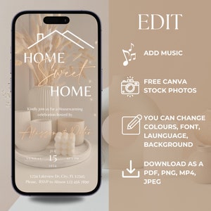 May include: A digital invitation for a housewarming party with a beige and white color scheme. The invitation features a house icon, a vase with dried flowers, and candles. The text reads "Home Sweet Home" and includes the date, time, and location of the party. The invitation also includes the names of the hosts, Alison and Peter.
