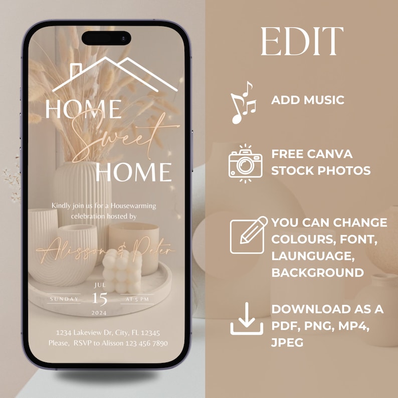 May include: A digital invitation for a housewarming party with a beige and white color scheme. The invitation features a house icon, a vase with dried flowers, and candles. The text reads "Home Sweet Home" and includes the date, time, and location of the party. The invitation also includes the names of the hosts, Alison and Peter.