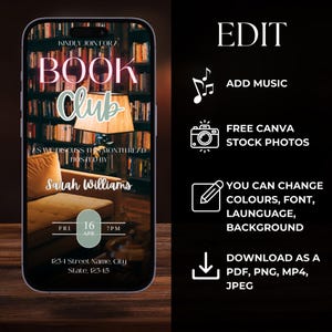 May include: A smartphone mockup with a book club invitation. The invitation is for a book club meeting on Friday, April 16th at 7 PM. The meeting will be hosted by Sarah Williams and will discuss the month's read. The invitation is set against a background of a bookshelf with a lamp and a chair.