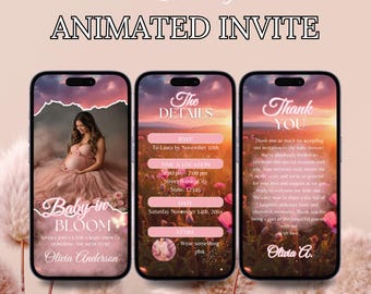 Baby In Bloom Shower Invitation, Floral Maternity Photo Digital Evite, Pink Sunset Animated Invite, Editable Girl Template Download