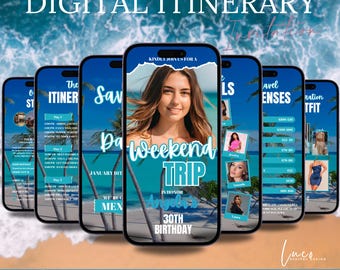 Invitación de itinerario de viaje de chicas digitales, itinerario de viaje de fin de semana de cumpleaños animado, programa de viaje de vacaciones, plantilla de planificador de edición de horario