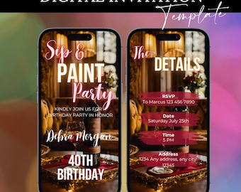 May include: Digital invitation for a 40th birthday party with a Sip & Paint theme. The invitation features a photo of a wine bottle and glasses on a table with a red tablecloth. The text on the invitation reads "Sip & Paint Party" and "Debra Morgan 40th Birthday". The details of the party are listed on the right side of the invitation, including the date, time, and RSVP information.