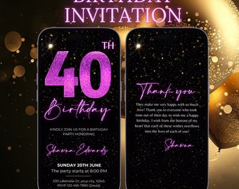 40th Birthday Party Digital Purple Invitation, Electronic Phone Text Message Evite, Editable Animated Template Invite For Girls RSVP