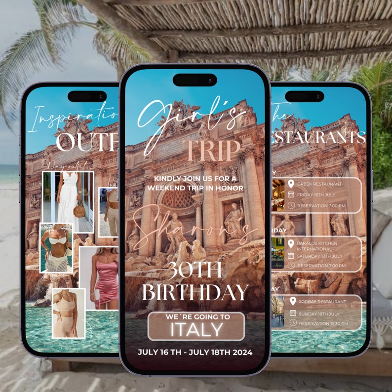 May include: A digital invitation for a girls' trip to Italy to celebrate Shannon's 30th birthday. The invitation includes a list of restaurants to visit, including a Greek restaurant, Bakalos Kitchen International, and Zorbas Restaurant. The invitation also includes a list of outfit inspiration for the trip.