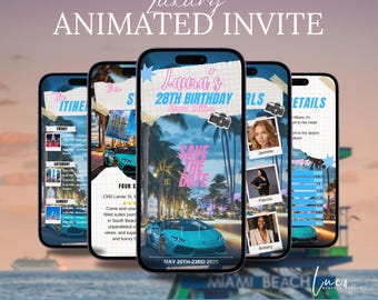 Miami Birthday Trip Weekend Getaway Digital Editable Invite Template with a Vacation Itinerary, Birthday Weekend Invitation, Animated Invite