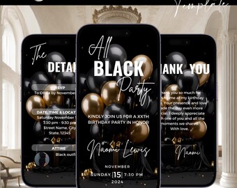 Invitación a fiesta de cumpleaños de negros, cena de cumpleaños, brunch de cumpleaños, plantilla digital de fiesta de negros, invitación editable con atuendo formal