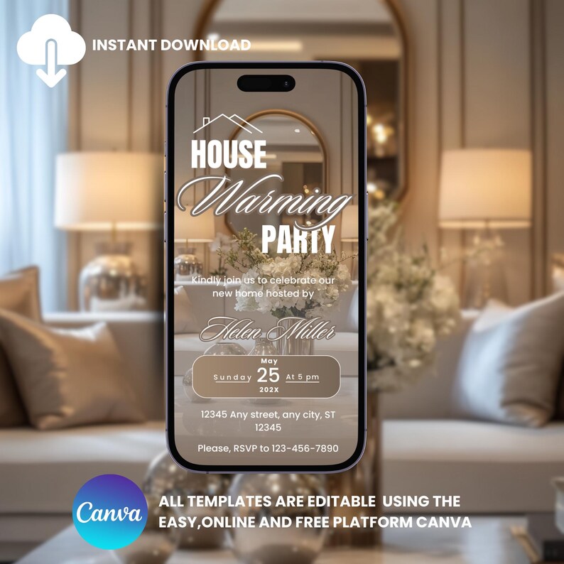 May include: A digital invitation for a housewarming party. The invitation is on a smartphone screen with a gold background and white text. The text reads "House Warming Party" and includes the date, time, and address of the party. The invitation also includes the name of the host, Helen Miller, and a request to RSVP.