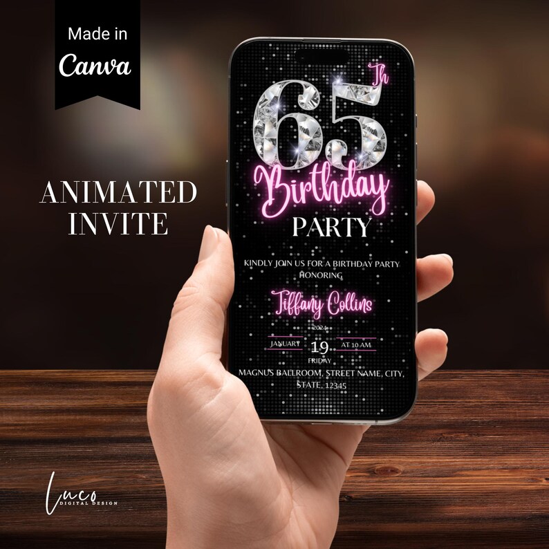 Digital 65th Birthday Invitation, Blush Pink Girls 65 Th Neon Diamond ...