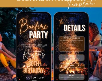 Digital Backyard Bonfire Invitation, Animated Black Gold Birthday Invite, Celebration Backyard BBQ Evite For Women, Editable Template eCard