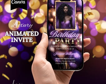 Digital Birthday Dinner Invitation Elegant Digital Birthday Party Invite Purple Gold Balloons Formal Affair Party DIY Self Editable Template