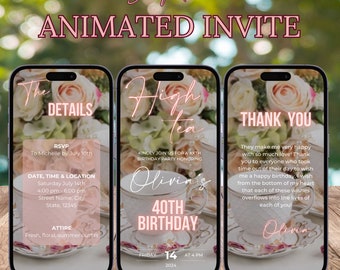 Pink Floral Classic Tea Party Invitation template Animated High tea Invite for Women Elegant Pink Flower Invite Tea Party Brunch Text Evite