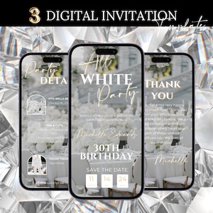 Faire-part de fête tout blanc, invitation à dîner d'anniversaire, itinéraire d'anniversaire tout blanc, modèle numérique de fête blanc, toile modifiable Evite