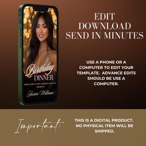 May include: A digital invitation template for a birthday dinner. The template features a photo of a woman in a sparkly dress against a gold background. The text on the template reads "Birthday Dinner" and "Kindly join us for a birthday party in honor of Jessica Williams".