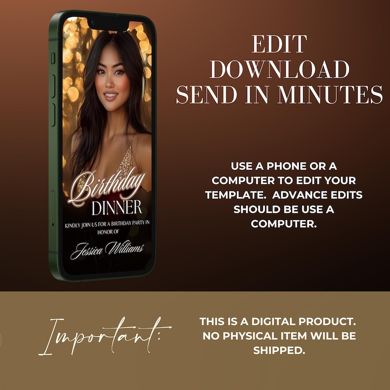 May include: A digital invitation template for a birthday dinner. The template features a photo of a woman in a sparkly dress against a gold background. The text on the template reads "Birthday Dinner" and "Kindly join us for a birthday party in honor of Jessica Williams".