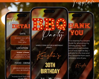 Digital Birthday BBQ Invitation. Animated Barbeque Party Invite. Mens or Ladies Rustic Chill and Grill eVite. DIY Editable Template