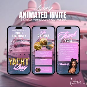 Puede incluir: Tres plantillas de invitación digital para una fiesta de cumpleaños número 28. Las invitaciones presentan un yate rosa, un mensaje "Gracias" rosa neón y una sección "Los detalles" rosa y blanca. Las invitaciones están diseñadas para usar con Canva.